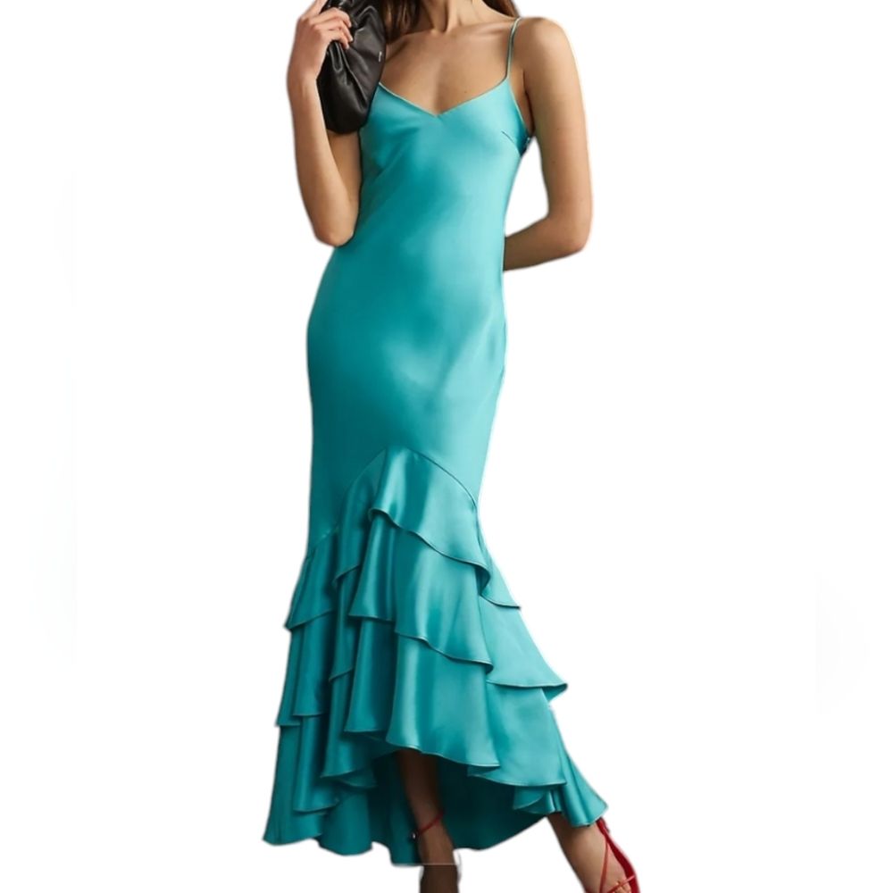 Monique Lhuillier Ml Lenora Size 4 Green Blue Satin Strappy Ruffled Midi Gown